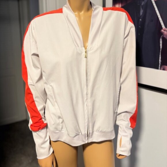 Anne Klein tan bomber jacket with orange stripe Sz M - Picture 7 of 7